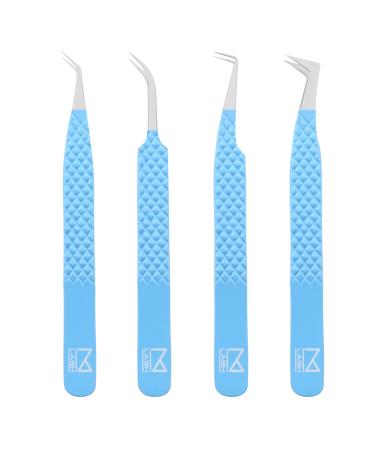 M LASH Set Of 4 Diamond Grip NANO Fiber Tip Eyelash Extensions Tweezers - Japanese Steel Lash Supply (Teal)