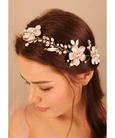 BERYUAN Wedding Gold Flower Crystal Pearls Hair Vine Opal Rhinestone Pearls Wedding Headpiece Gold Wedding Hair Accessories for Bridal Women and Girls - Buy Online on GoSupps.com