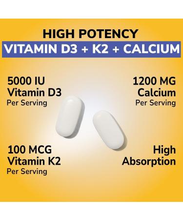 Vitalibre D3 K2 Calcium Supplement for Women & Men Vitamin D3 5000 IU Calcium 1200 mg MK-7 High Absorption for Strong Bones Teeth Heart Immune Health 60 Tablets - Buy Online on GoSupps.com