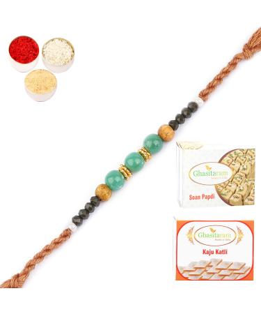 Ghasitaram Gifts Rakhi for Brother Rakhis Online - 1897 Fancy Thread Rakhi with 200 GMS of Kaju katli and 200 GMS of Soan Papdi Rakhi with 200 GMS of Kaju katli and Soan Papdi