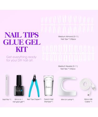 Gelike EC Nail Tips & Glue Kit | 240pcs Gel Extensions Mini Lamp French Nail Stamp - Perfect for Almond & Square Nails - Buy Online on GoSupps.com