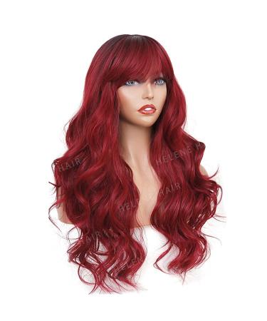 Burgundy Red Ombre Wine Long Wavy Wig with Bangs - 24 Inches Heat Resistant Synthetic Wig for Black Women - Daily Cosplay - Buy Online on GoSupps.com
