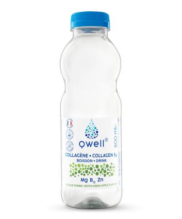 QWELL - Collagen Water - Collagen Drink - Reduce Fatigue - Green Apple Flavor - 100% Natural - 6x500 ml