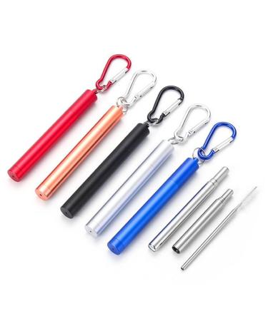 304 Stainless Steel Telescopic Straw with Three Sections and Aluminum Alloy Storage Sleeve Colorful Outdoor Portable Travel Gift the black one