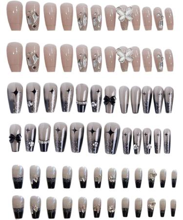 Long Press on Nails French Tip Fake Nails with 3D Butterfly Rhinestones Designs Glossy Full Cover Acrylic Nails for Women Style 1 Long Press On Nails - Buy Online on GoSupps.com
