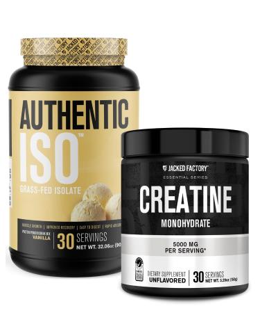 Jacked Factory Authentic ISO Grass Fed Whey Protein Isolate Powder - Low Carb Non-GMO Muscle Building Protein (30 Servings Vanilla) Creatine Monohydrate Powder (30 Servings Unflavored)