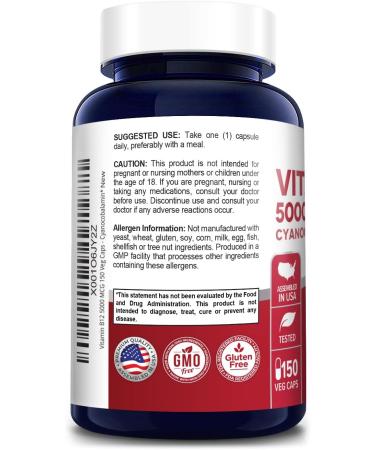 NusaPure Vitamin B12-5000 MCG 150 Veggie Capsules | Non-GMO & Gluten Free | Max Strength B12 Supplement - Buy Online on GoSupps.com