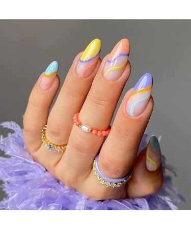 24pcs Short Almond False Nails Multicolor Stick on Nails Press on Nails Removable Glue-on Nails Full Cover Acrylic Fake Nails Women Girls Nail Art Accessories 0199Y78