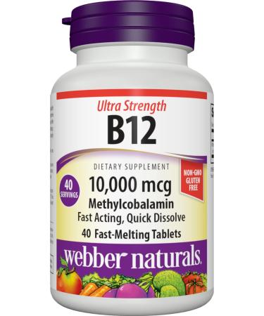 Webber Naturals Vitamin B12 10 000 mcg Ultra Strength 40 Count Fast-Melting Tablets Supports Energy Metabolism Immune and Heart Health Gluten Free Non-GMO Vegan