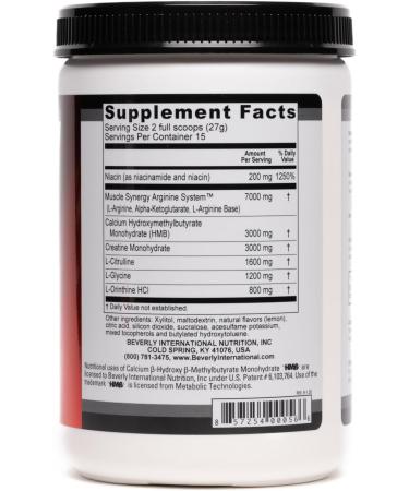 Beverly International Muscle Synergy 405g (Lemon Powder 14.3 oz) Dramatic Muscle Pump Size & Strength Maximizing Drink Mix w/HMB. L-Arginine L-Citrulline Creatine Monohydrate L-Ornithine - Buy Online on GoSupps.com