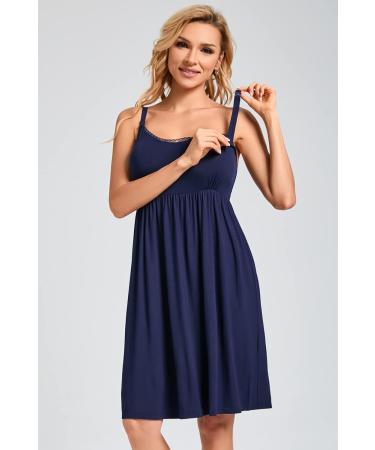 Sosolism Women's Dark Blue Nursing Nightdress - Padded Lace Trim Maternity Dress - Buy Online on GoSupps.com