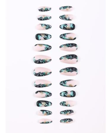 24pcs Blue Gold Foil Press on Nails Botanical Plant Fake Nail Green Medium Square Coffin Nails Press on Nails Coffin Shape Nails - Buy Online on GoSupps.com