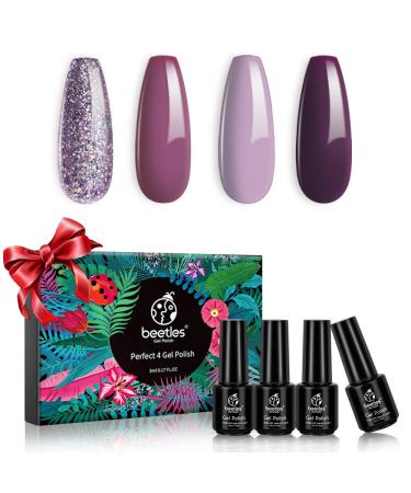 Beetles 4 Colors Purple Glitter Gel Nail Polish Set - Lilac Mauve Gel Polish Kit Purple Nail Polish Soak Off LED Lamp Gel Nail Kit Vanish Manicure DIY Home Nail Decoration Gifts for Women Light Purple-Lilac-Dark Purple