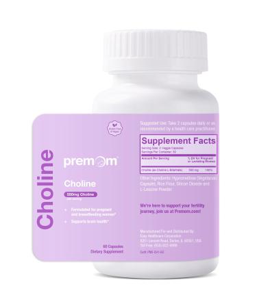 Premom Prenatal Choline Bitartrate Supplement: 550mg for Cognitive Development Meet Daily Needs Nutritional Support for Pregnancy & Metabolism Baby Brain Development 60 Capsules 30 Days Supply
