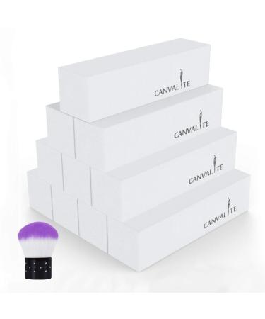 Canvalite 10Pcs White Nail Buffer Block with Nail Brush 120 Grit Professional Salon Nail Buffer Block for Gel Nails