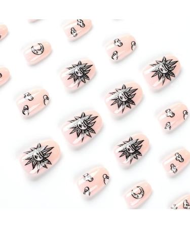 Justotry 24 Pcs Short Oval False Nails with Moon Pattern Pink French Press on Nails - Cartoon Galaxy Fake Nails with Nail Glue for Women's Nail Art - Buy Online on GoSupps.com