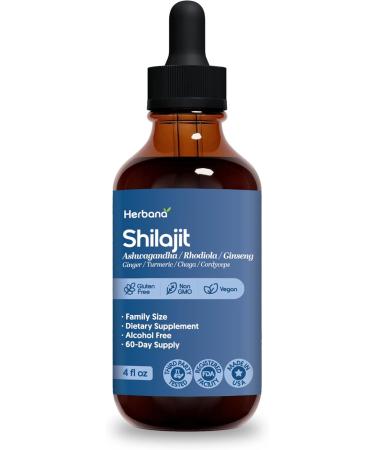 Herbana Shilajit Dietary Supplement with Ashwagandha Rhodiola Ginseng Ginger Turmeric Chaga Cordyceps Alcohol Free Vegan Gluten Free Non GMO 4 fl oz 60-Day Supply - Buy Online on GoSupps.com