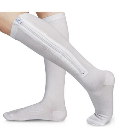 Ailaka 15-20 mmHg Zipper Compression Socks for Women Men Closed Toe Support Graduated Medical Varicose Veins Hosiery Perfect for Athletics Running Flight Travel Support Edema Pregnancy Large/X-Large (1 Pair) White
