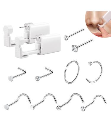 SOSPIRO 2 PCS Disposable Nose Piercing Tool Set with 10 Nose Studs No Pain Sterile Safety Self Nose Stud Tool Home Piercing Kit Tool White Asepsis Ear Piercing Kit for Girls Women 12 pcs- Nose