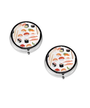 Sushi Food Pattern Printed Mini Round Pill Box Pill Box 3 Compartment Medicine Pill Case Pill Organizer Travel Pillbox Portable Pill Box for Pocket Home Office Use