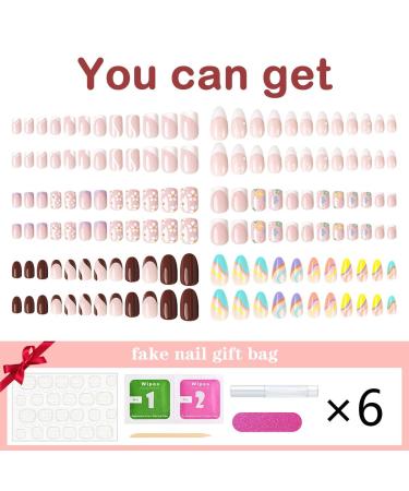Yivaiks 6 Pack Press On Nails Short & Medium French Tip Design | Full Cover Acrylic Almond & Square Glue On Nails Set - Elegant Flowers | 144 Pcs Fake Nails for Women and Girls - Buy Online on GoSupps.com