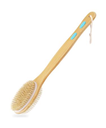 Hience shower brush with a long stem back brush with soft and stiff bristles for wet and dry brushes peeling and deep cleaning bamboo body brush bathing brush back scrubber Bamboo Light Blue