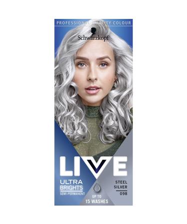 Schwarzkopf LIVE Ultra Brights Or Pastels Vibrant Semi-permanent Silver Hair Dye Lasts Up to 15 Washes Steel Silver 098 Steel Silver 1 Count (Pack of 1) Semi-Permanent
