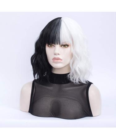 Morticia White & Black Short Curly Wig | Heat-Resistant Synthetic Bob with Full Bangs - Perfect for Women - Buy Online on GoSupps.com