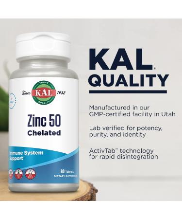 KAL Zinc 50mg Amino Acid Chelate Supplement for Immune Support & Healthy Metabolism - Vegan, Gluten Free with Enhanced Absorption - 90 Tablets - Buy Online on GoSupps.com