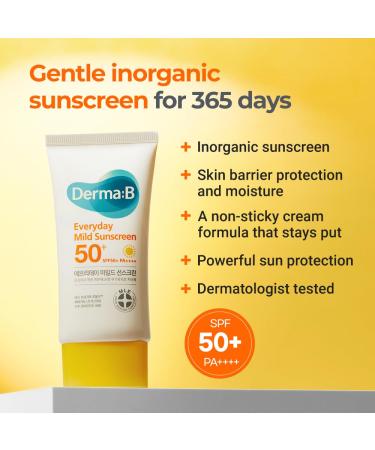 Derma B Everyday Mild Sunscreen SPF50+ PA++++ - Fast-Absorbing Lightweight Korean Sunblock for Sensitive Skin | Non-Sticky & Moisturizing Lotion for Dewy Skin - 1.69 Fl Oz - Buy Online on GoSupps.com