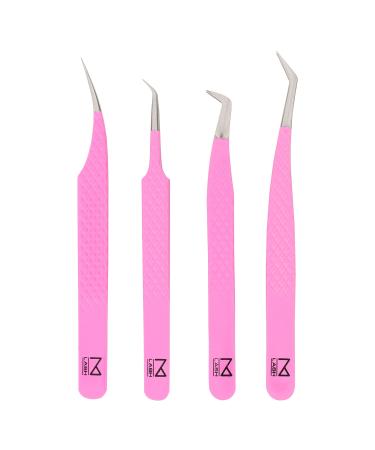 SET OF 4 M Lash Tweezers I-Series Professional Japanese Steel Quality Eyelash Extensions Supplies (Pink)