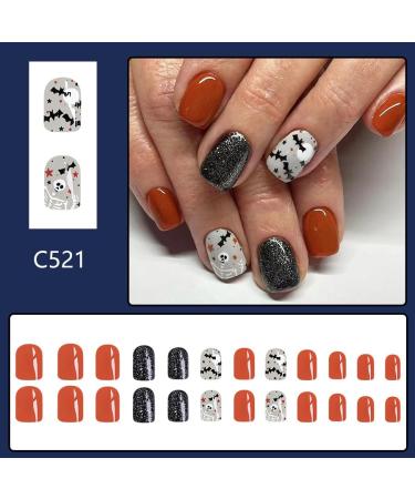 24Pcs Halloween Press on Nails - Short Square Glitter Design Skull Acrylic Full Cover Fake Nails for Women - Cute & Glossy Halloween Stick on Nails - Buy Online on GoSupps.com
