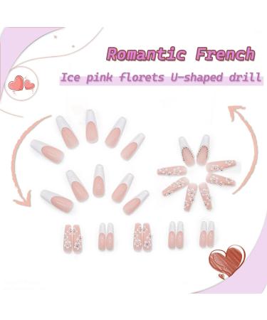 Super Long French Fake Nails with White Flowers Rhinestones - 24PCS - Buy Online on GoSupps.com