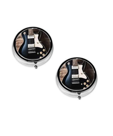 (Musical Guitar) Round Pill Box 3 Compartment Pill Box Mini Decorative Pocket Purse Portable Travel Medicine Tablet Vitamin Holder Organizer Pill Case