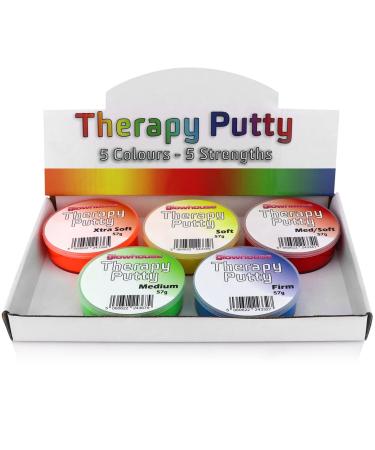 Premium Set of 5 x Therapy Putty Squeezable Non-Toxic Hand Exercise Anti-Stress - 5 Strengths for Adults & Children 57g Colour Coded Tubs