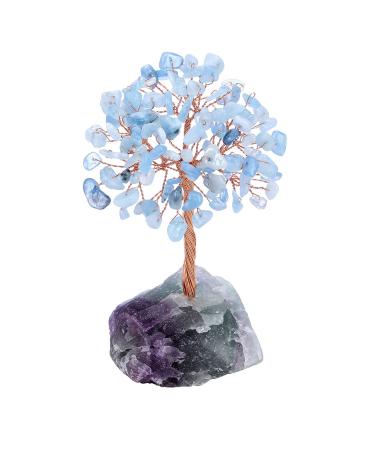 Top Plaza Aquamarine Crystals Tree Healing Crystal Stones Wrapped on Natural Raw Fluorite Stone Base Copper Money Tree Decor Home Indoor Desk Bedroom Decoration Mini Sized