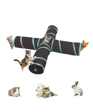 Lightweight Collapsible S-shape Pet Cat Tunnel with Funny Bell and Dangling Fluffy Ball Interactive Maze House Toy for Cat Small Rabbits Kittens Puppy Ferrets Guinea Pig (4 way Blue/Black) 4 way Blue