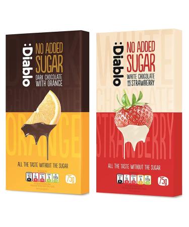 Diablo No Added Sugar Mix Flavours Luxury Chocolate | Dark Chocolate Bar with Orange 75g x1 | White Chocolate with Strawberry 75g x1 - Buy Online on GoSupps.com