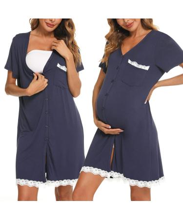Uniexcosm Maternity Nursing Nightdress Women's Short Sleeve Nightwear Soft Button Down Nightgown Stripe Sleepwear Maternity Pyjamas Nightshirt Dark Blue S - Buy Online on GoSupps.com