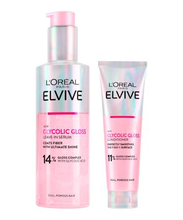 L'Oreal Paris L'Or al Paris Elvive Glycolic Gloss Elseve Conditioner Glycolic Acid for Dull Hair 150 ml + Regenerating Serum without Rinsing Hair Care Intense Flexibility Ultimate Shine 150 ml 2 Bottles