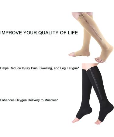 Buy EWRGGR 20-30 mmHg Zipper Compression Socks | 2 Pairs Toe-Free Knee-Length Stockings for Women | Wide Calf | Black & Beige - Small/Medium - Buy Online on GoSupps.com