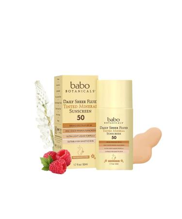 Babo Botanicals Daily Sheer Fluid Tinted Mineral Sunscreen Lotion SPF 50 with Non-Nano Zinc Oxide - Golden-Hued Tint, for Sensitive Skin - Fragrance Free & Ultra-Lightweight - 1.7 fl. oz., Yellow