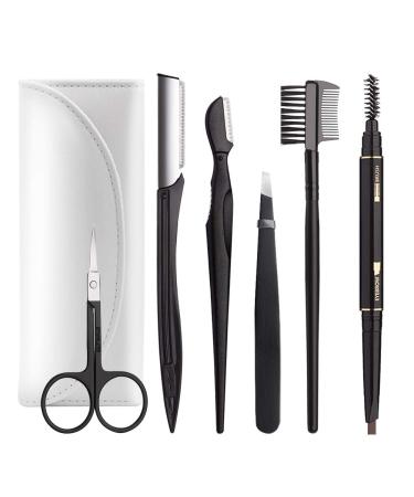 Eyebrow Kit  BOYI 6 in 1 Tweezers for Eyebrows  All-in-one Eyebrow Grooming Set Dermaplaning Tool Eyebrow Razor Brush Scissors Brown Eyebrow Pencil with Leather Pouch (C-White)