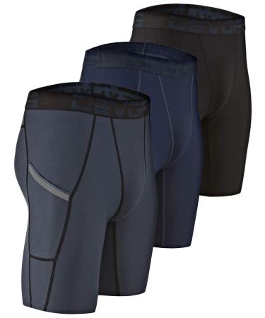 DEVOPS 3 or 5 Pack Compression Shorts Men Spandex Sport Shorts Athletic Workout Running Performance Baselayer Underwear Medium 0# (Pocket) Black / Charcoal / Navy