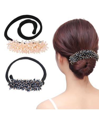 2 Pieces Hair Rhinestone Bun Maker Crystal Hair Styling Bun Maker Easy Practical DIY Hairstyle Tool Headband Accessories Pink + Blue