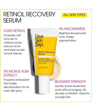 Clear Skin Days 5% Retinol Recovery Face Serum - With Niacinamide - Treats Scarring Hyperpigmentation Fine Lines & Wrinkles - Brightens Skin & Increases Cell Turnover 30ml - Buy Online on GoSupps.com
