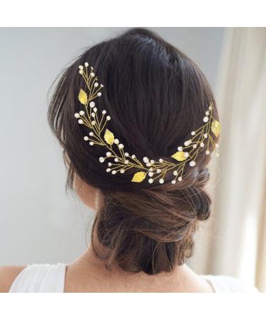Handcess Gold Pearl Wedding Hair Vines | Elegant Bride & Bridesmaid Headpieces with Leaves & Strass - Buy Online on GoSupps.com