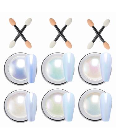 TrueShei 6 White Shimmer Nail Powder Chrome Pearl Powder Nail with Mirror Effect Pearl Chrome Powder Pearl Effect Powder for Glazed Donut Nails 6 Wihte