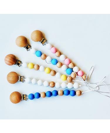 White-Sweet Jill Pacifier Clip Made with Silicone Beads and Secured with Wood Clip. 1 Piece Design. BPA-Free. Chewable. 9 Long. Keeps Pacifiers and teethers securely Fastened.