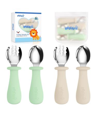 Nesritoy 4 Set Baby cutlery set | Children's cutlery with storage pocket silicone spoon fork for BPA free of charge with anti-choke design for baby toddler cutlery mint+beige - Buy Online on GoSupps.com